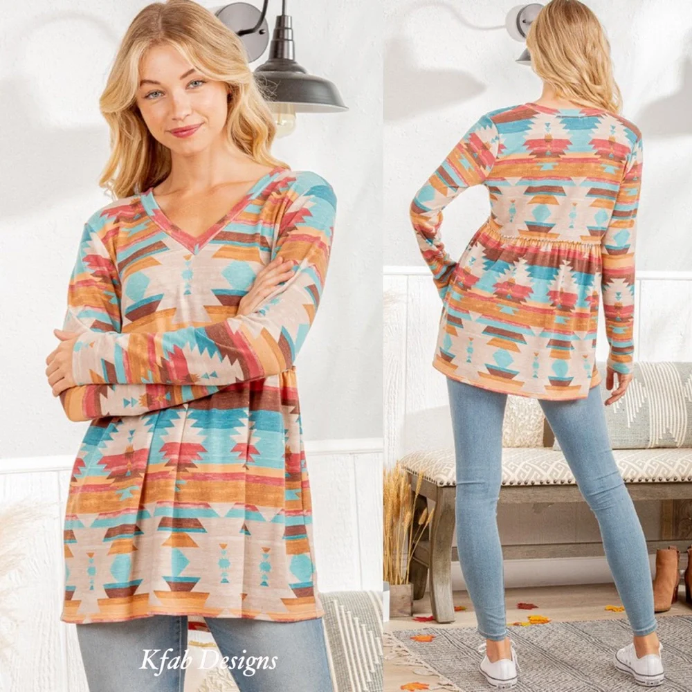 ❤️LAST 2! V Neck Ruffle Detail Aztec Print Top! - Picture 5 of 11